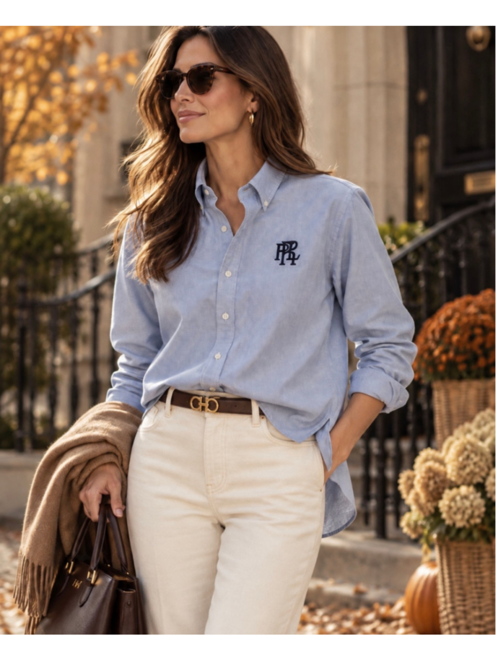 Ralph Lauren Women’s Blue Oxford Shirt Boyfriend Fit PRL Monogram Size L